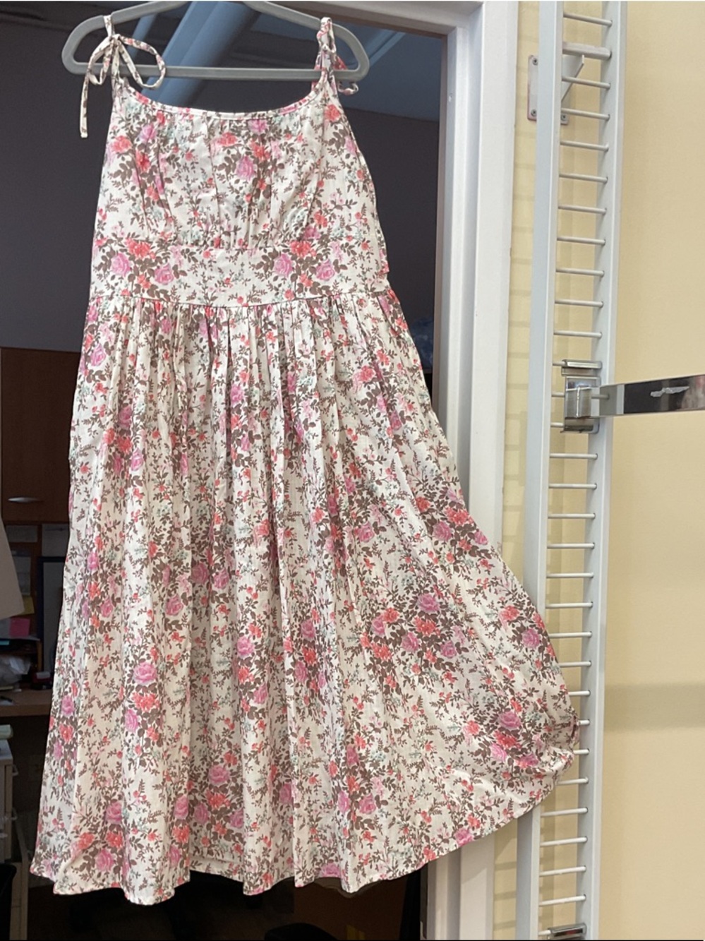 Sleeveless Pink Floral Midi Dress with Tie Shoulders